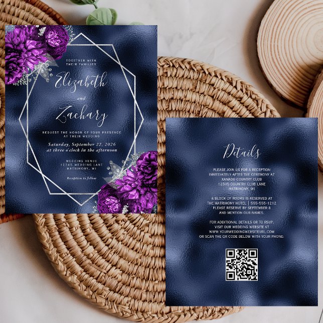 Budget Navy Purple Silver Floral QR Code Wedding (Creator Uploaded)