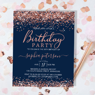 Budget Navy Rose Gold Glitter Birthday Invitation
