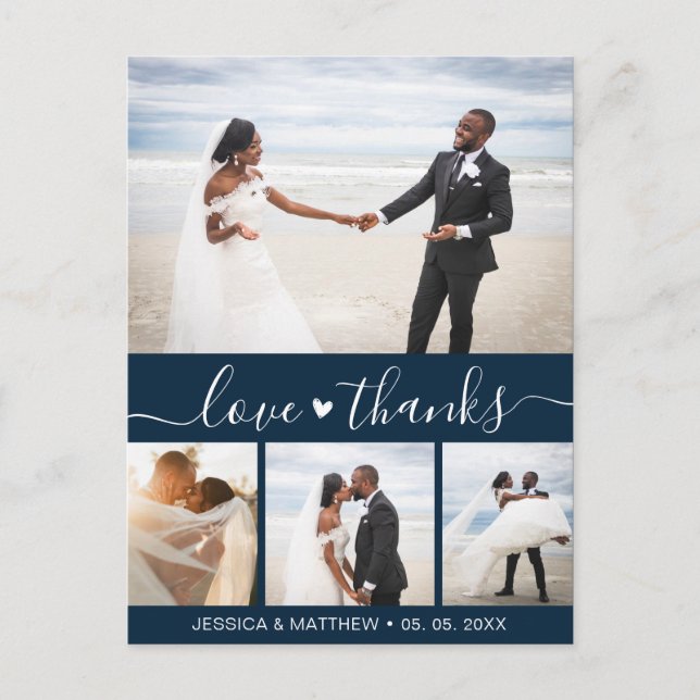 Budget Navy Script Pic Wedding Thank You Postcard (Front)