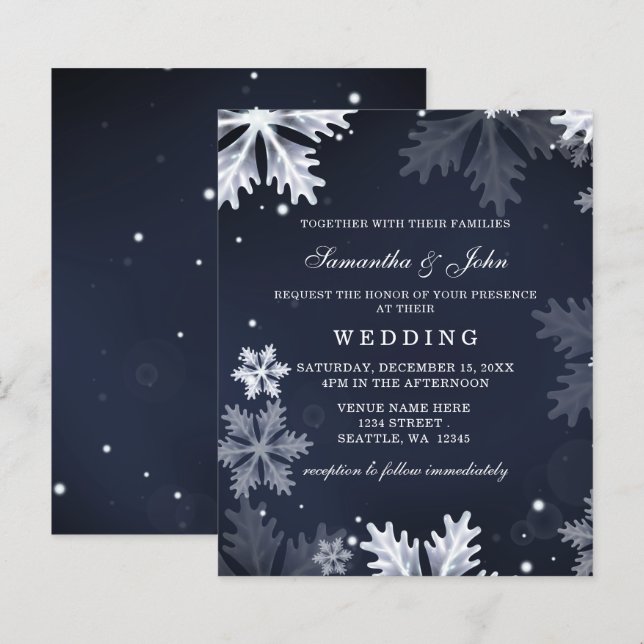 Budget Navy Snowflakes Winter Wedding invitation (Front/Back)