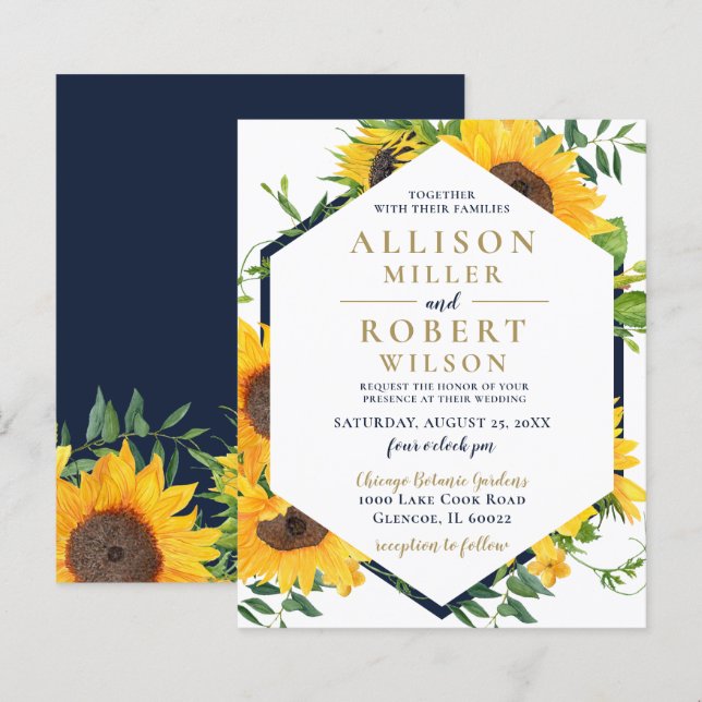 Budget Navy Sunflower Rustic Wedding Invitation (Front/Back)