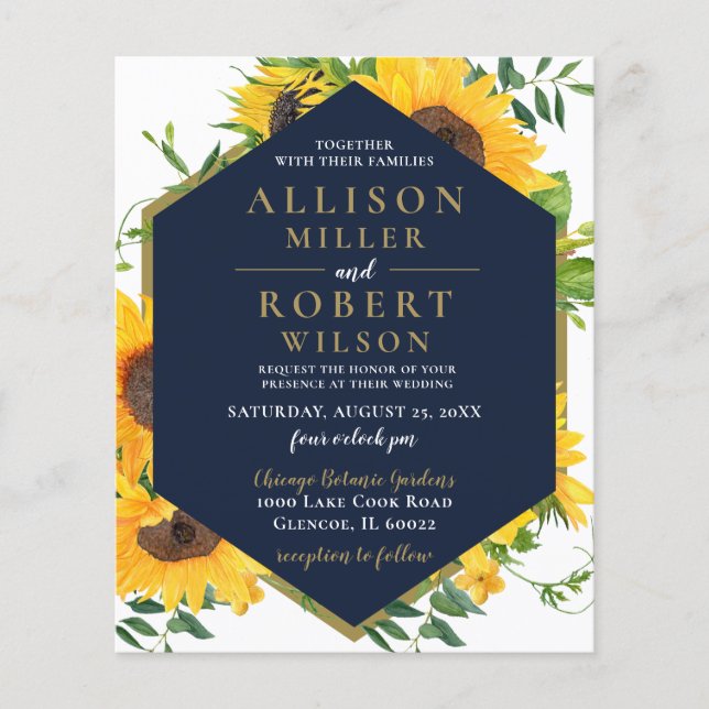  Budget Navy Sunflower Rustic Wedding Invitation (Front)