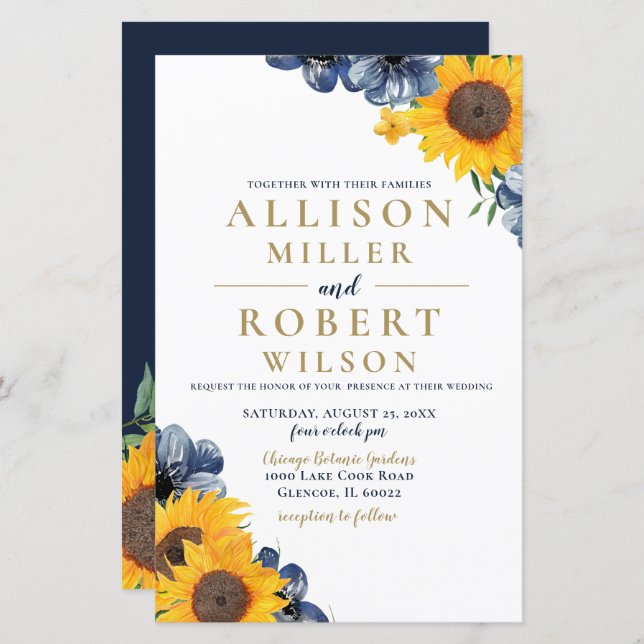 Budget Navy Sunflower Wedding Invitation (Front/Back)
