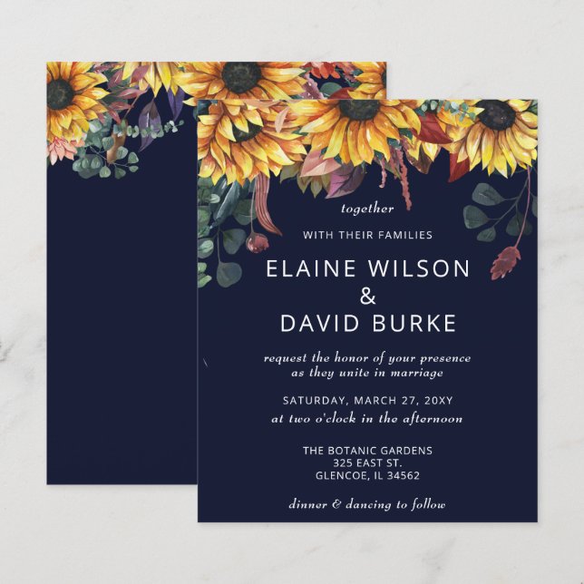  Budget Navy Sunflowers Wedding Invitation (Front/Back)