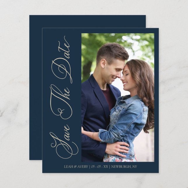 Budget Navy Wedding Photo Wimshical Script  (Front/Back)