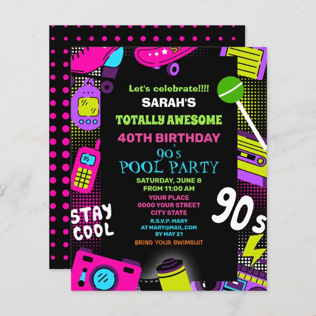 Budget Neon Retro 90's Birthday Pool Party Invite (Front/Back)