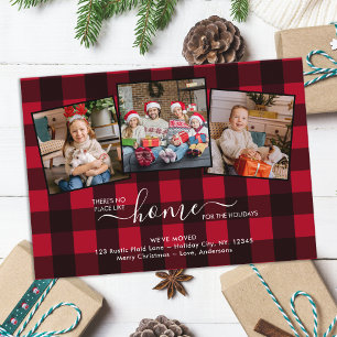Budget New Home Holidays Red Plaid 3 Photo Moving Card