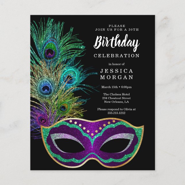 Budget New Orleans Mardi Gras Birthday Party Flyer (Front)