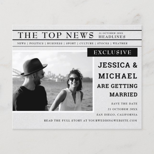 Budget Newspaper Black White Photo Save The Date (Front)