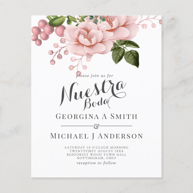 BUDGET Nuestra Boda Invitacion - Blush Pink Roses (Front)