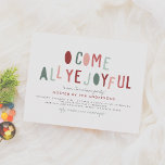 Budget O Come All Ye Joyful | Cute Christmas Party<br><div class="desc">Invite your holiday party guests in style with this modern twist on a traditional Christmas theme! This design features a simple white background with "O come all ye joyful" in cute, hand-drawn, colourful typography. Personalize with your family name and party details. The back of the paper sheet is a striped...</div>