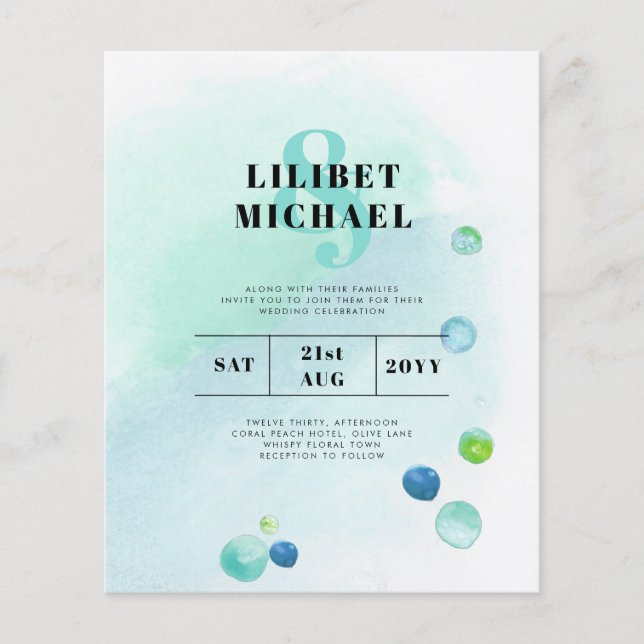 BUDGET Ocean Sea Glass Ombre Teal Blue Wedding INV Flyer (Front)