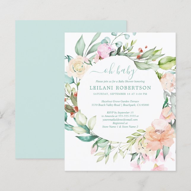 Budget Oh Baby Floral Wreath Shower Invitation (Front/Back)