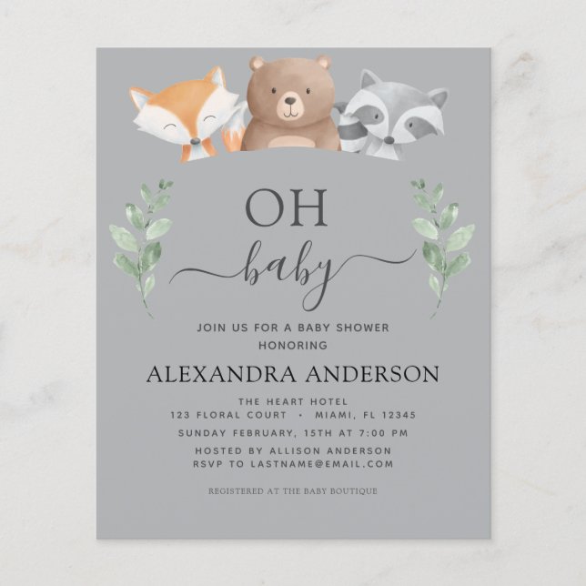 Budget Oh Baby Shower Woodland Invitations (Front)