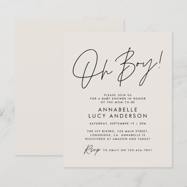 budget oh Boy baby shower script cream neutral (Front/Back)
