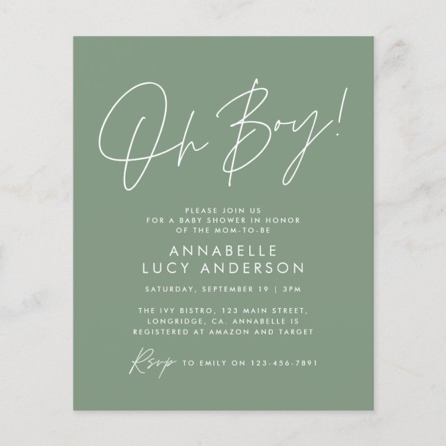 budget oh Boy baby shower script green elegant  (Front)