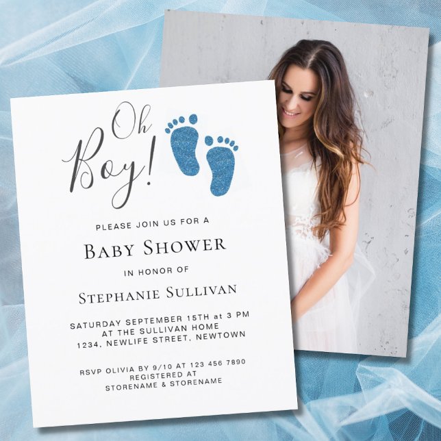 Budget Oh Boy Photo Blue Baby Shower Invitation (Creator Uploaded)