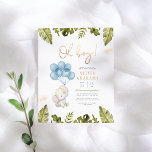 Budget Oh Boy Watercolor Elephant Baby Shower<br><div class="desc">A budget baby boy shower theme featuring a hand-painted baby elephant holding a bunch of blue balloons. At the top and bottom of this invite, there are tropical leaves and gold glitter. "Oh boy!" appears in faux gold lettering with your event details below. Cards reverse to white stripes against a...</div>