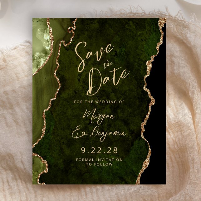 Budget Olive Green Agate Script Save the Date (Creator Uploaded)