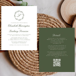 Budget Olive Green Monogram Wreath QR Code Wedding