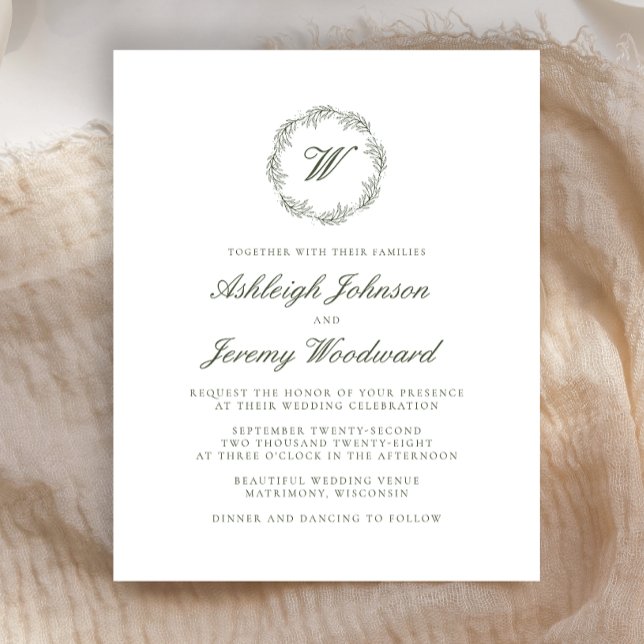 Budget Olive Green Monogram Wreath Script Wedding (Creator Uploaded)