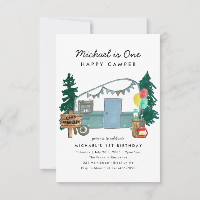 Budget One Happy Camper Trees Camping 1st Birthday Card (Front)
