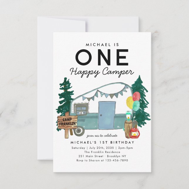 Budget One Happy Camper Trees Camping 1st Birthday Card (Front)