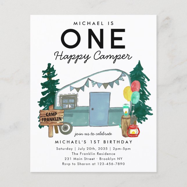 Budget ONE Happy Camper Van Forest 1st Birthday (Front)