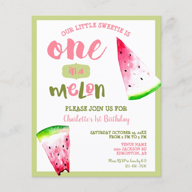  Budget One in a Melon 1st Birthday Pink Green (Front)