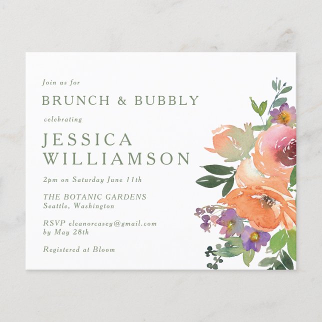 Budget Orange Floral Brunch Bubbly Invitation (Front)