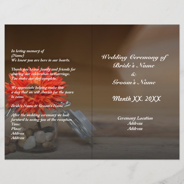 Budget Orange Flower in Mason Jar Wedding Program (Front)
