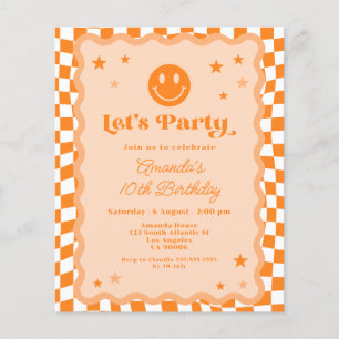 Budget Orange Happy Face Chequered Birthday Invite