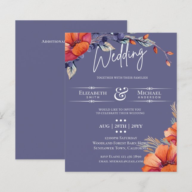 BUDGET Orange Lavender Floral Wedding Invite (Front/Back)