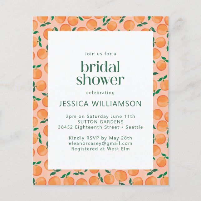Budget Oranges Fruit Watercolor Pink Bridal Shower (Front)