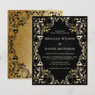 Budget Ornamental Black Gold Wedding Invitation