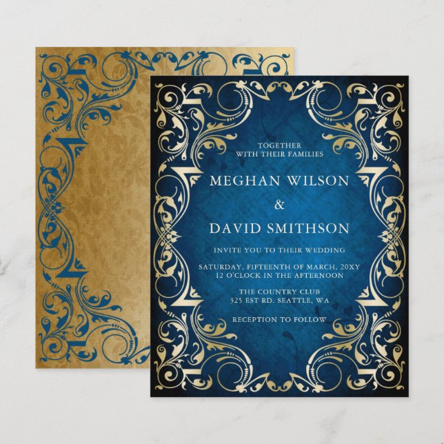 Budget Ornamental Blue Gold Wedding Invitation (Front/Back)