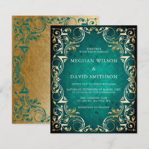 Budget Ornamental Teal Gold Wedding Invitation