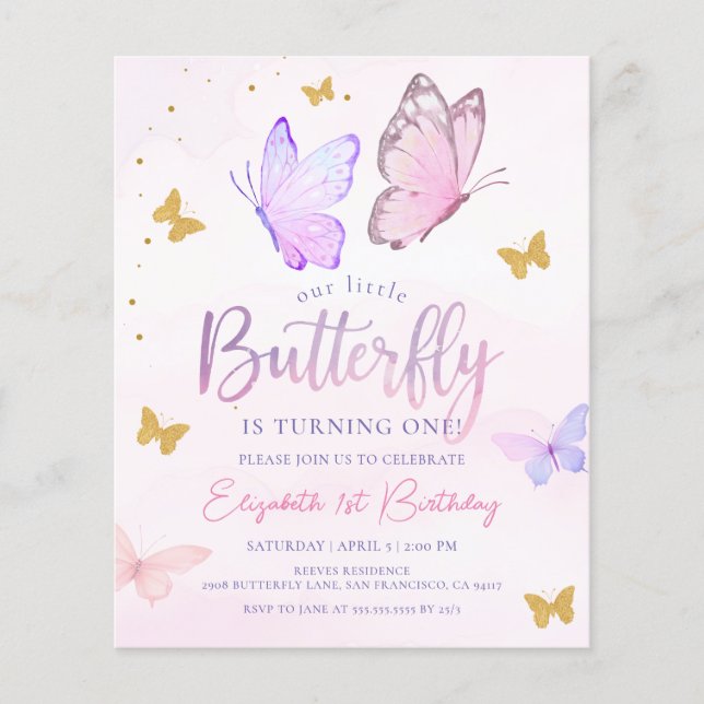 Budget Our Little Butterfly Pink Purple Birthday (Front)