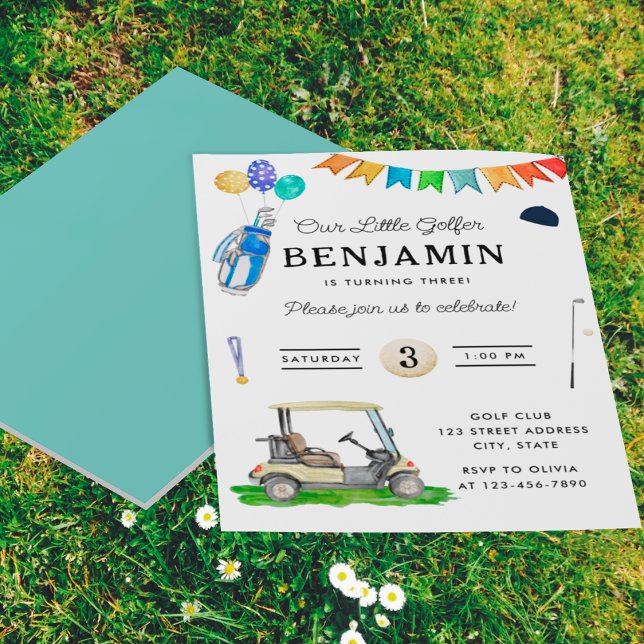 Budget Our Little Golfer Blue Kids Golf Birthday Flyer (Front and Back)