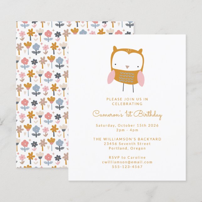 Budget Owl Flowers Simple 1st Birthday Invitation (Front/Back)
