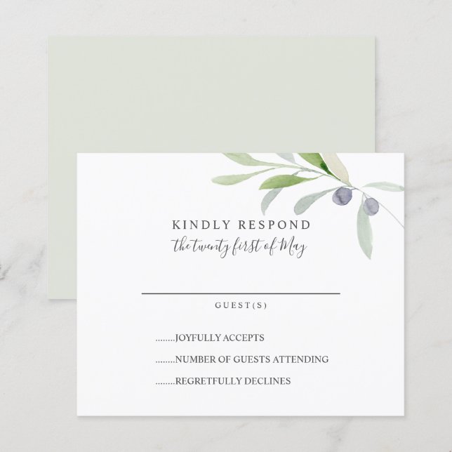 BUDGET Painé Olive feuille branche Mariage RSVP (Devant / Derrière)