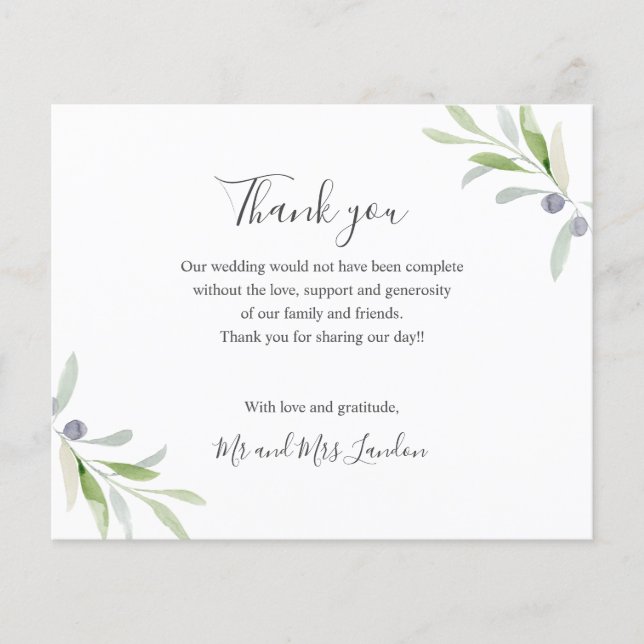 BUDGET Painted Olive and leaves Wedding thank you (Front)