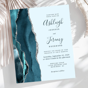 Budget Pale Teal Silver Agate Wedding Invitation