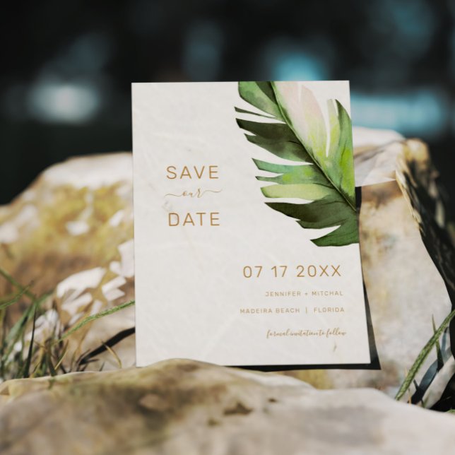 Budget Palm Leaf Tropical Save The Date Card (Creator Uploaded)