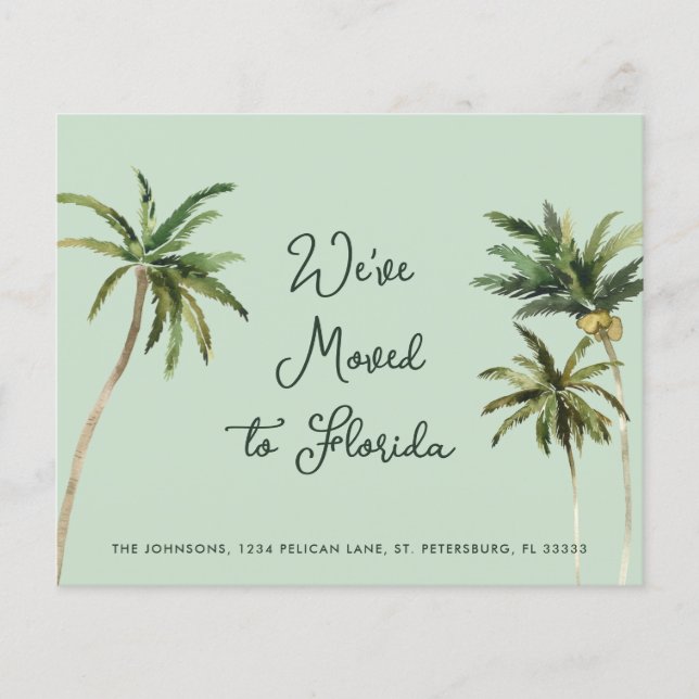 Budget Palm Trees Handwriting New Address Card (Front)