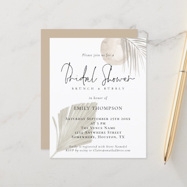 Budget Pampas Brunch Bubbly Bridal Shower Invite (Front/Back In Situ)