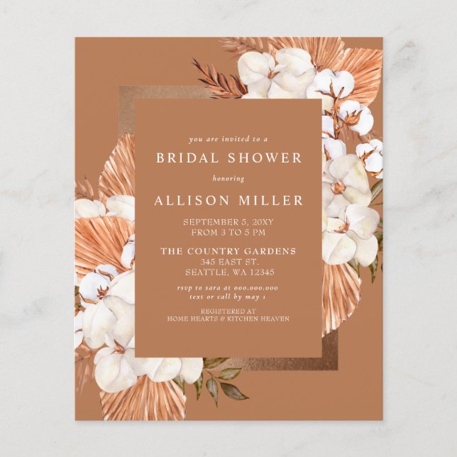 Budget Pampas Cotton Bridal Shower Invitation (Front)