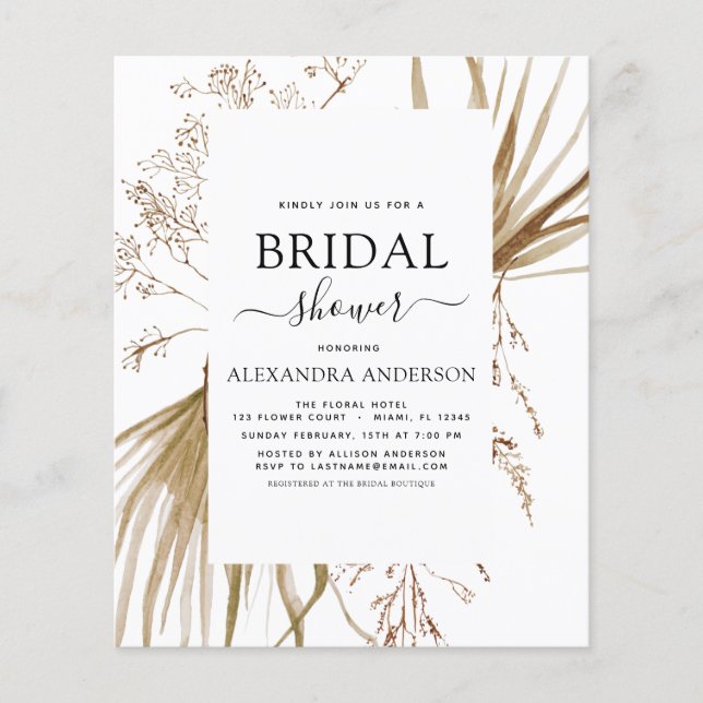 Budget Pampas Grass Bohemian Boho Bridal Shower Flyer (Front)