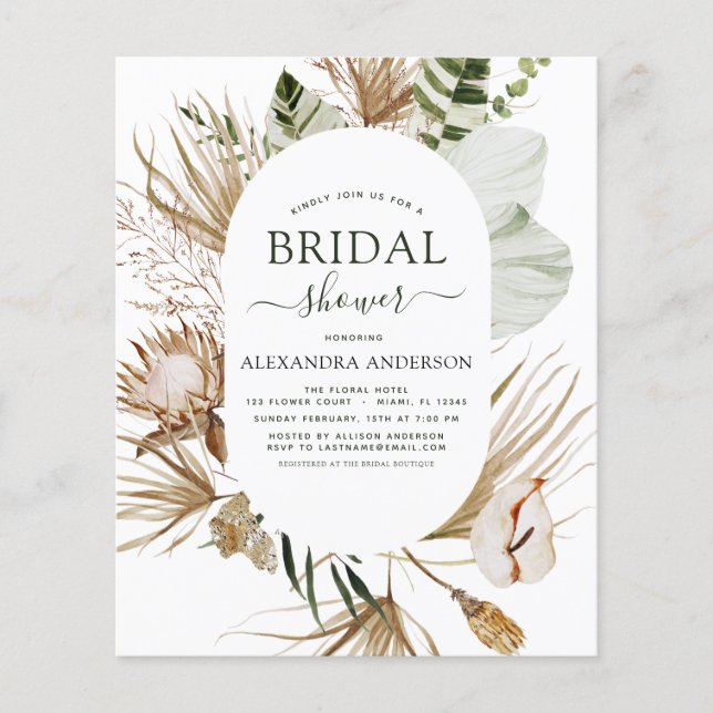 Budget Pampas Grass Boho Tropical Bridal Shower Flyer (Front)