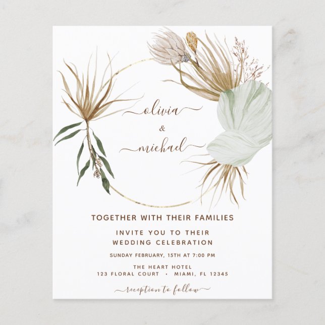 Budget Pampas Grass Boho Tropical Wedding Flyer (Front)